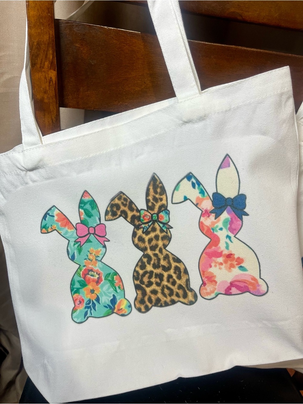Floral & Leopard Bunny Graphic Tote bag- White Canvas